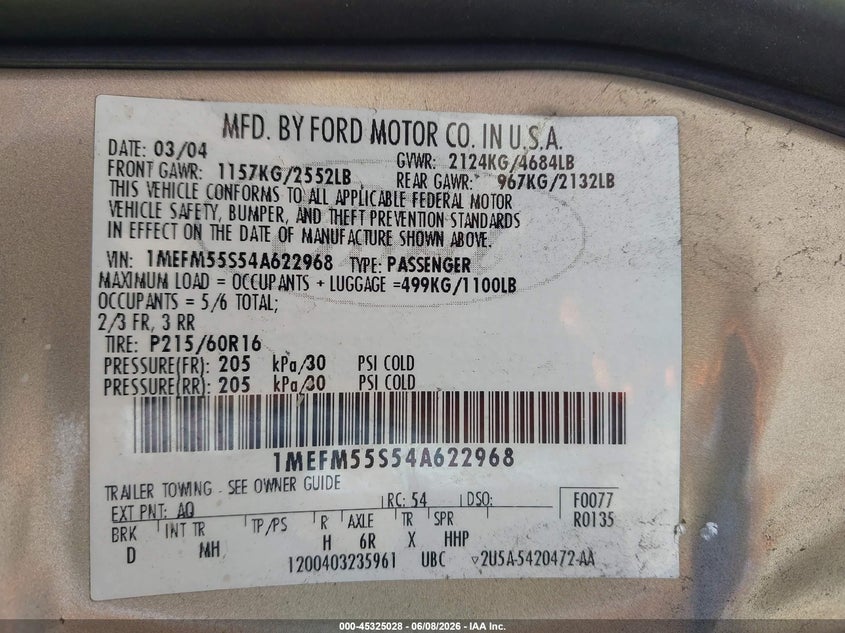 2004 Mercury Sable Ls Premium VIN: 1MEFM55S54A622968 Lot: 45325028