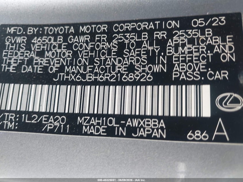 2024 LEXUS UX 250H 2.0L I-4 DI, DOHC, V(VIN: JTHX6JBH6R2168926