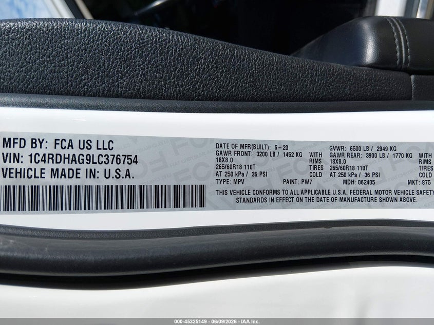 2020 Dodge Durango Sxt Plus Rwd VIN: 1C4RDHAG9LC376754 Lot: 45325149