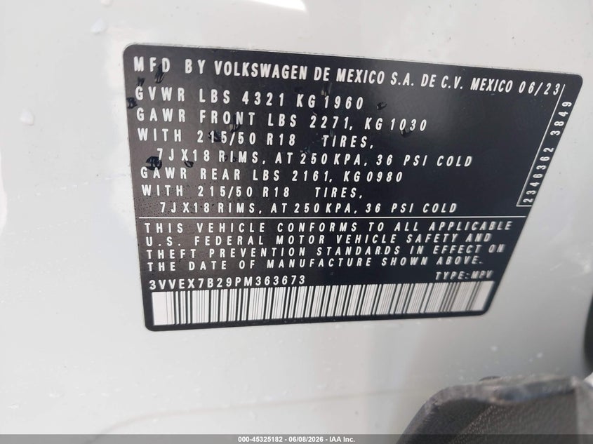 2023 Volkswagen Taos 1.5T Se VIN: 3VVEX7B29PM363673 Lot: 45325182