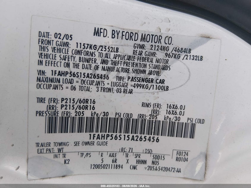 2005 FORD TAURUS SEDAN 3.0L V-6 DOHC, 201HP