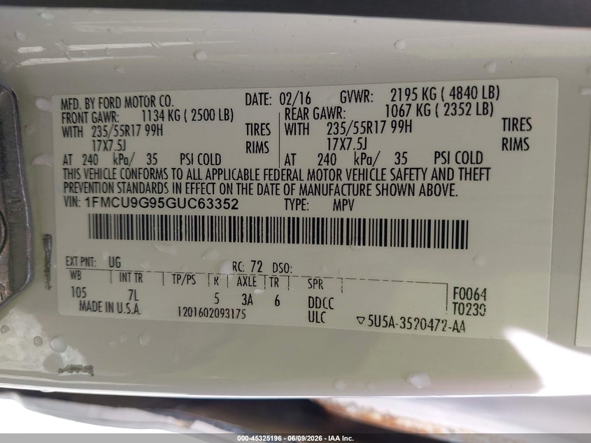 2016 Ford Escape Se VIN: 1FMCU9G95GUC63352 Lot: 45325196