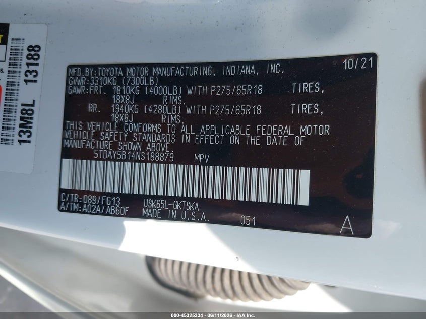 2022 Toyota Sequoia Sr5 VIN: 5TDAY5B14NS188879 Lot: 45325334