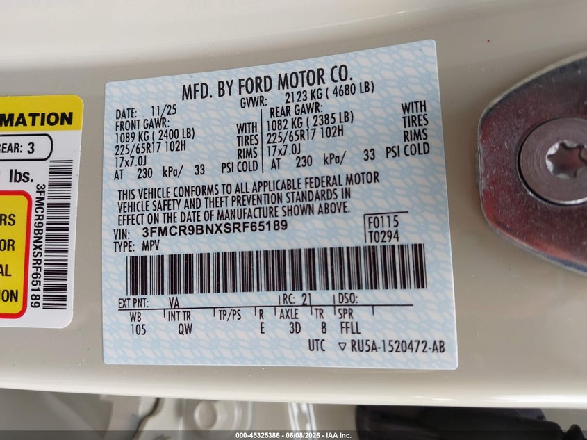 2025 Ford Bronco Sport Big Bend VIN: 3FMCR9BNXSRF65189 Lot: 45325386