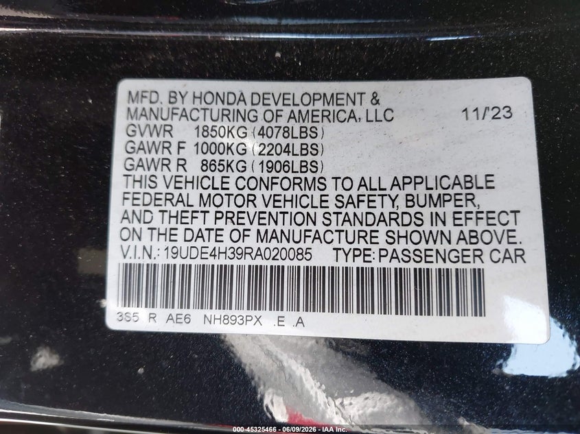 2024 Acura Integra A-Spec VIN: 19UDE4H39RA020085 Lot: 45325466