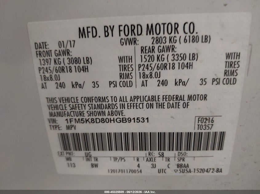 2017 Ford Explorer Xlt VIN: 1FM5K8D80HGB91531 Lot: 45325509