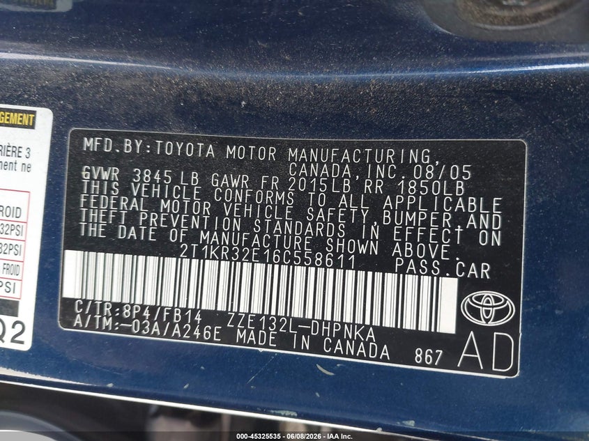 2006 Toyota Matrix Xr VIN: 2T1KR32E16C558611 Lot: 45325535