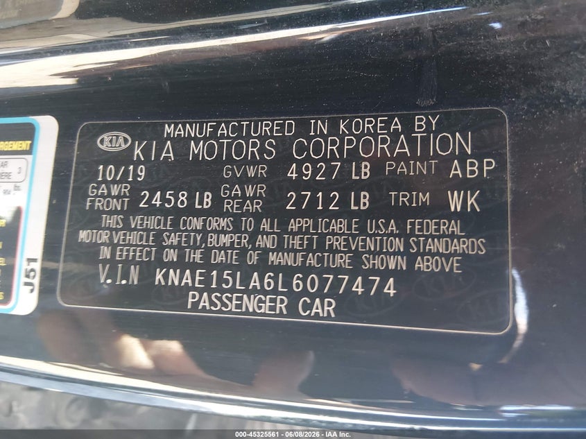 2020 Kia Stinger Gt-Line VIN: KNAE15LA6L6077474 Lot: 45325561
