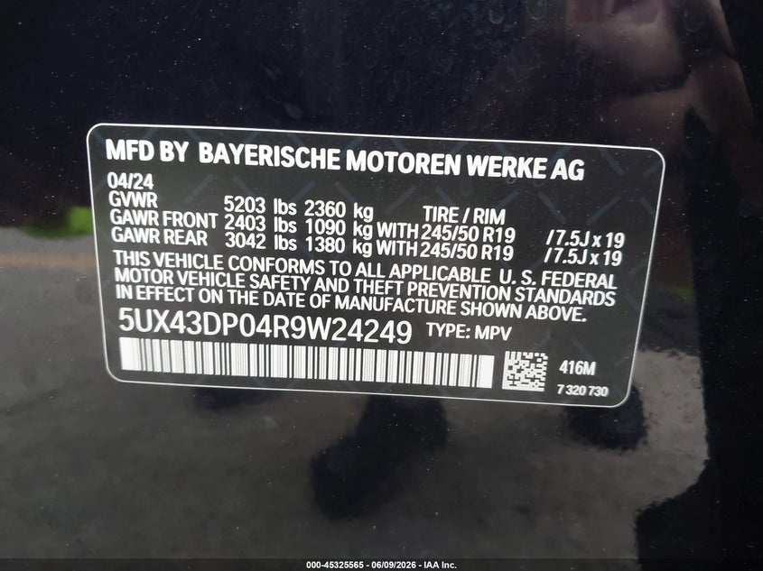 2024 BMW X3 Sdrive30I VIN: 5UX43DP04R9W24249 Lot: 45325565