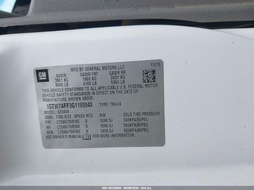 2016 GMC Savana 2500 Work Van VIN: 1GTW7AFF3G1180943 Lot: 45325668