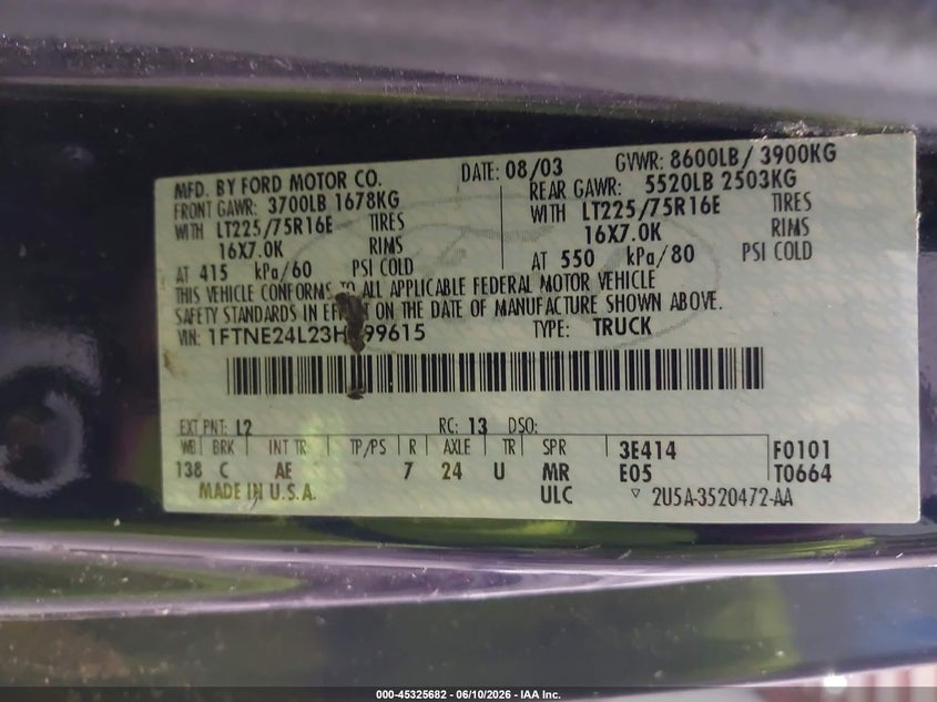 2003 Ford E-250 Commercial/Recreational VIN: 1FTNE24L23HB99615 Lot: 45325682