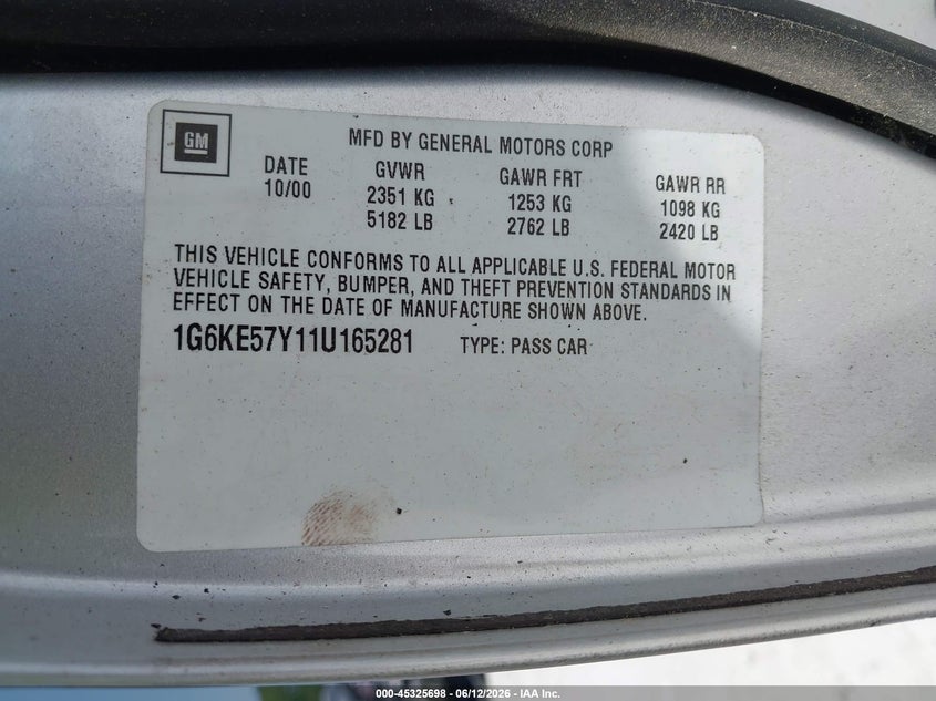 2001 Cadillac Deville Dhs VIN: 1G6KE57Y11U165281 Lot: 45325698