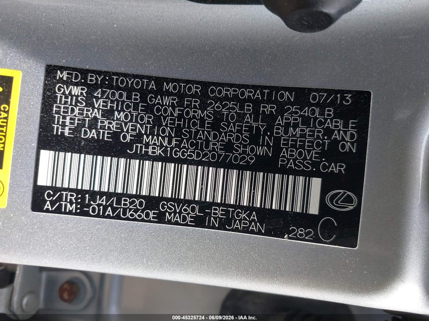 2013 Lexus Es 350 VIN: JTHBK1GG5D2077029 Lot: 45325724