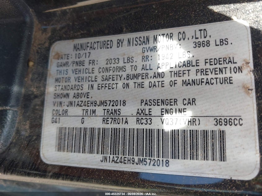 2018 Nissan 370Z VIN: JN1AZ4EH9JM572018 Lot: 45325734