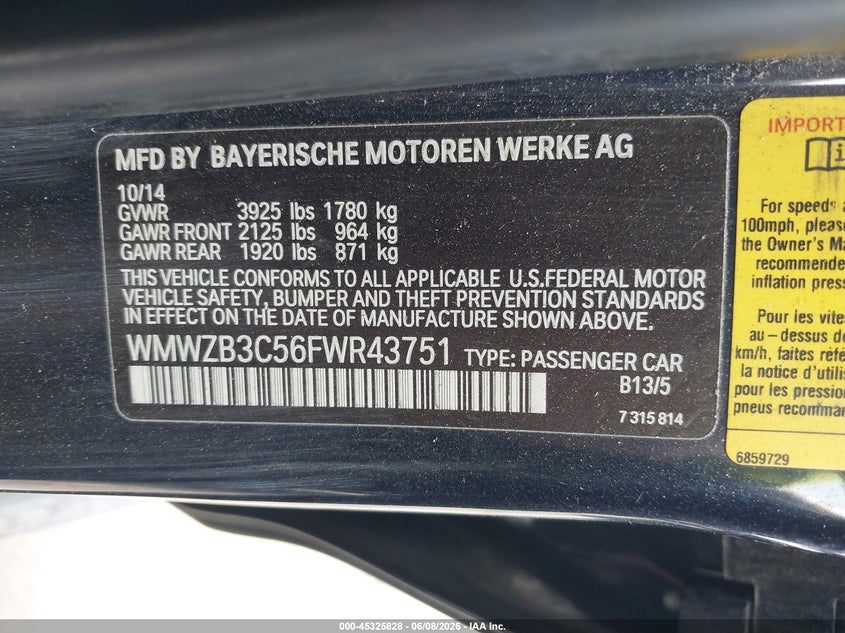 2015 Mini Countryman Cooper VIN: WMWZB3C56FWR43751 Lot: 45325828
