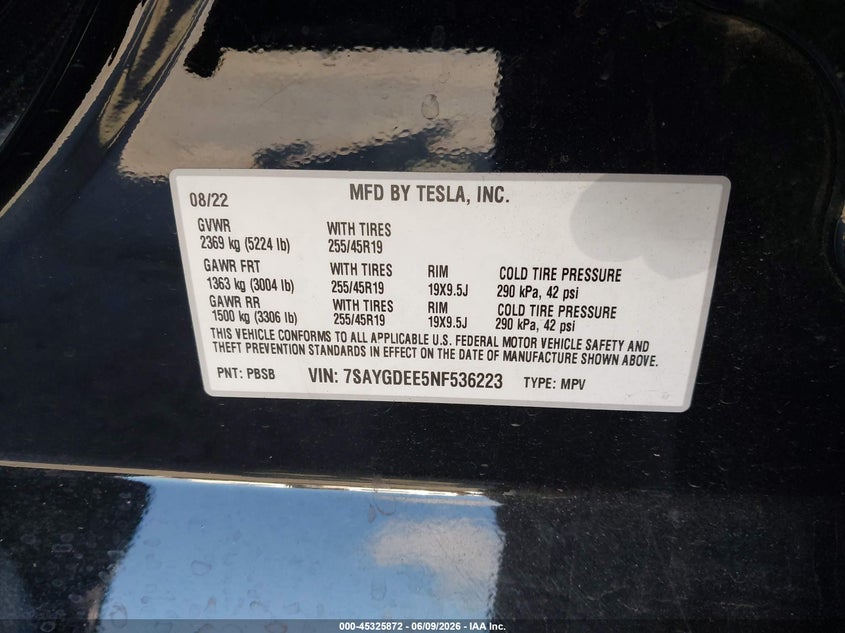 2022 TESLA MODEL Y ELECTRIC(VIN: 7SAYGDEE5NF536223