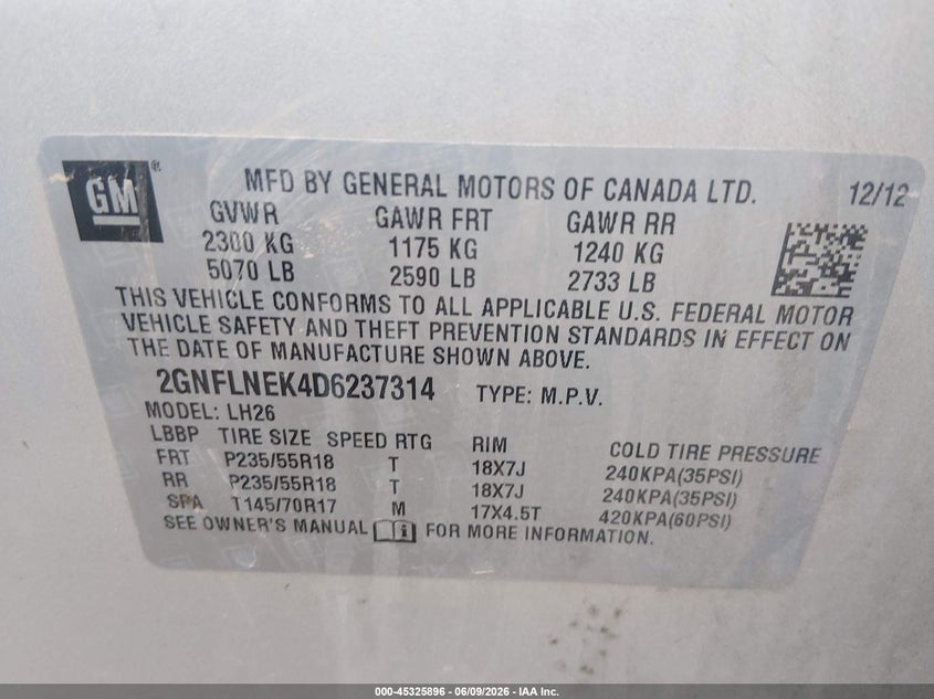 2013 Chevrolet Equinox 2Lt VIN: 2GNFLNEK4D6237314 Lot: 45325896