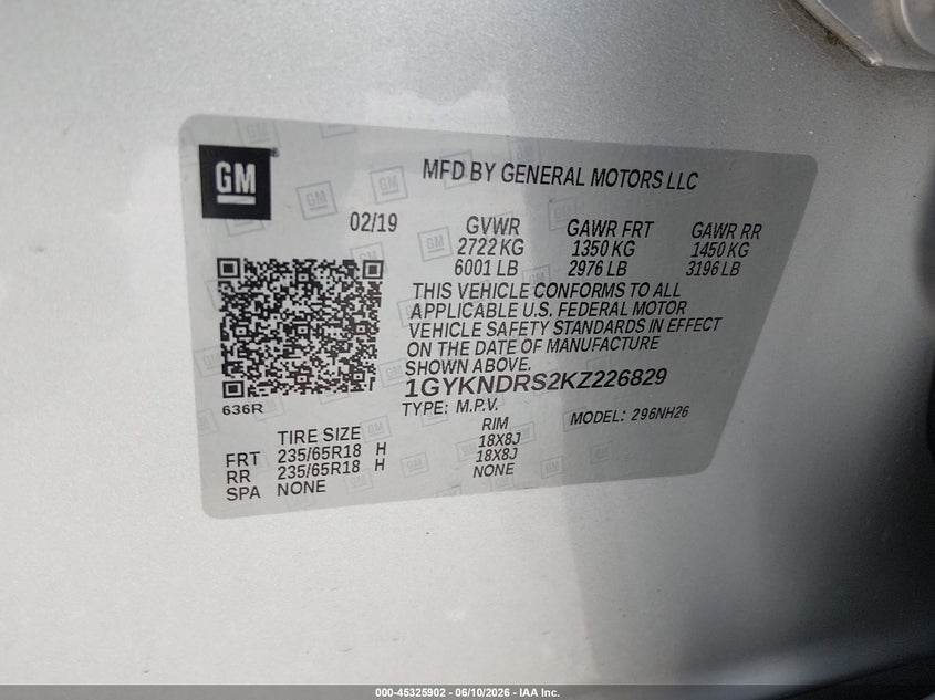 2019 Cadillac Xt5 Luxury VIN: 1GYKNDRS2KZ226829 Lot: 45325902
