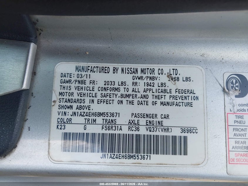 2011 Nissan 370Z Touring VIN: JN1AZ4EH6BM553671 Lot: 45325969