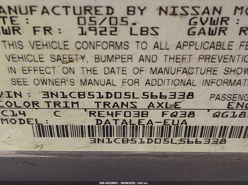 2005 Nissan Sentra 1.8S VIN: 3N1CB51D05L566338 Lot: 45326001