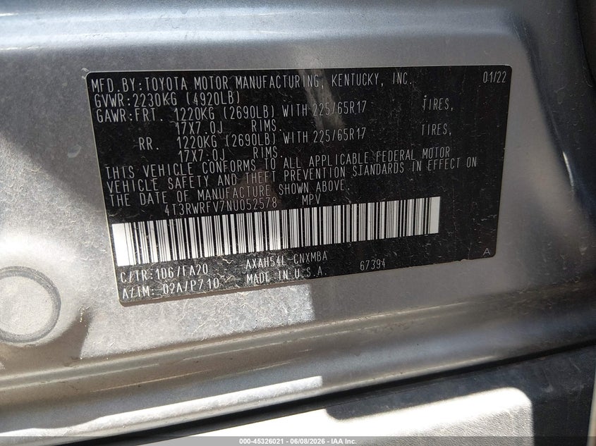 2022 TOYOTA RAV 4 SPORT UTILITY VEHICLE 2.5L I-4 DI, DOHC, VVT, 176HP