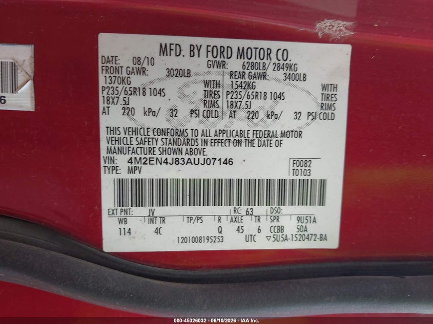 2010 Mercury Mountaineer Premier VIN: 4M2EN4J83AUJ07146 Lot: 45326032