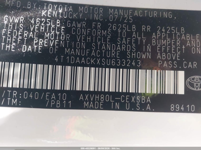 2025 TOYOTA CAMRY 2.5L I-4 DI, DOHC, V(VIN: 4T1DAACKXSU633243
