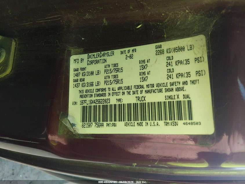 2002 Dodge Dakota VIN: 1B7FL16X42S622023 Lot: 45326165