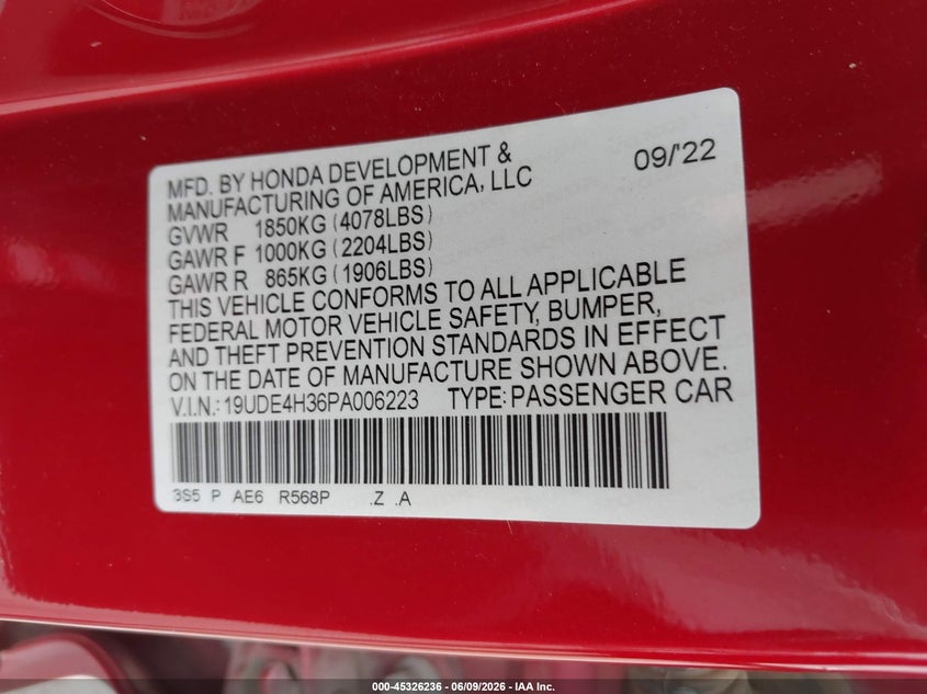 2023 Acura Integra A-Spec VIN: 19UDE4H36PA006223 Lot: 45326236