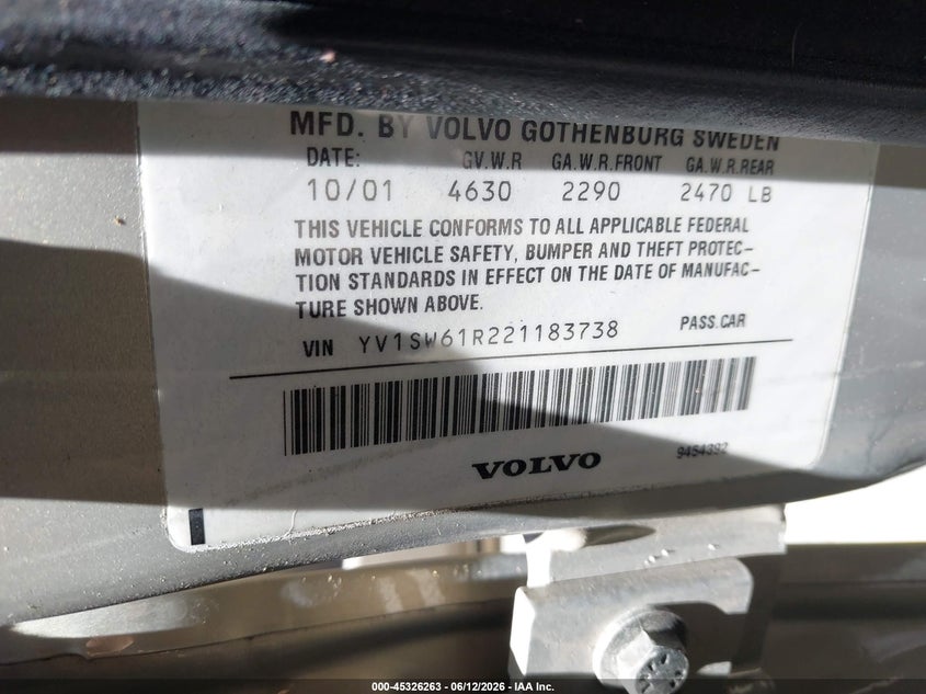2002 Volvo V70 2.4 VIN: YV1SW61R221183738 Lot: 45326263