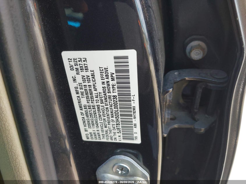 2013 Acura Rdx VIN: 5J8TB3H50DL000238 Lot: 45326278