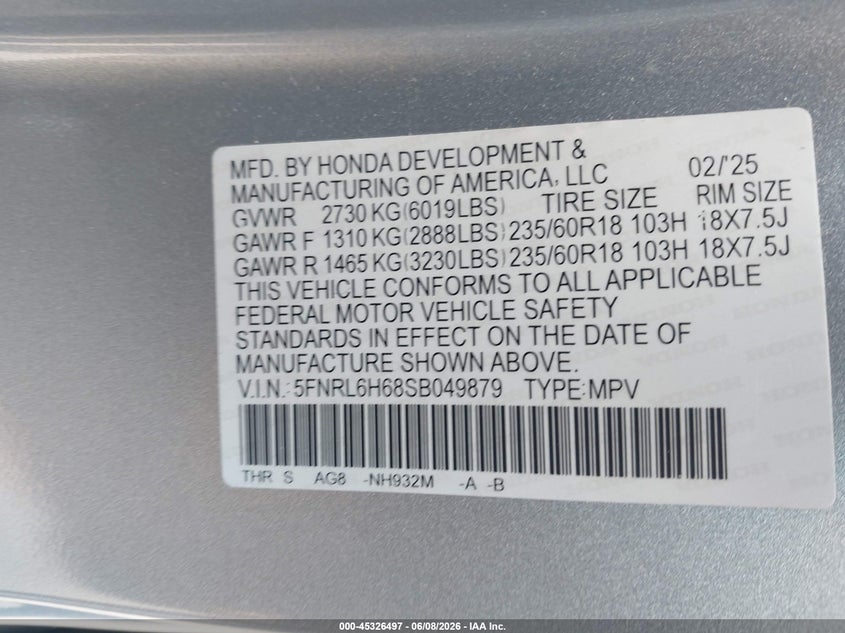 2025 HONDA ODYSSEY 3.5L V-6 DI, VVT, 28(VIN: 5FNRL6H68SB049879
