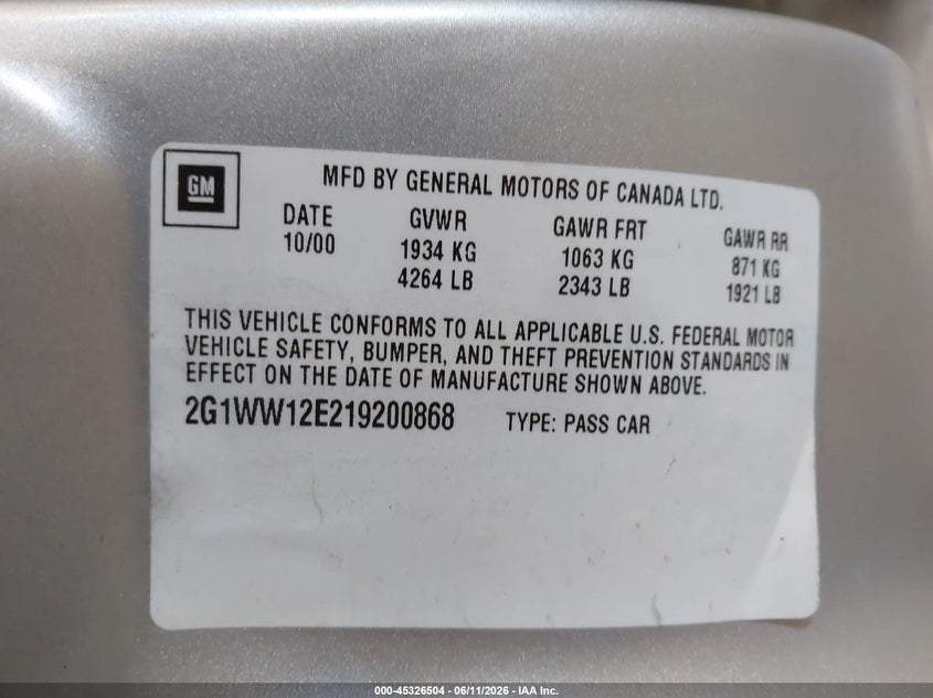 2001 Chevrolet Monte Carlo Ls VIN: 2G1WW12E219200868 Lot: 45326504