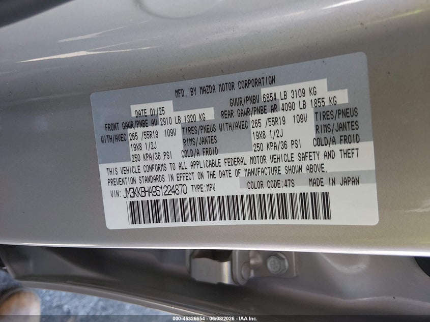 2025 Mazda Cx-90 Phev Preferred Package VIN: JM3KKBHA9S1224870 Lot: 45326654