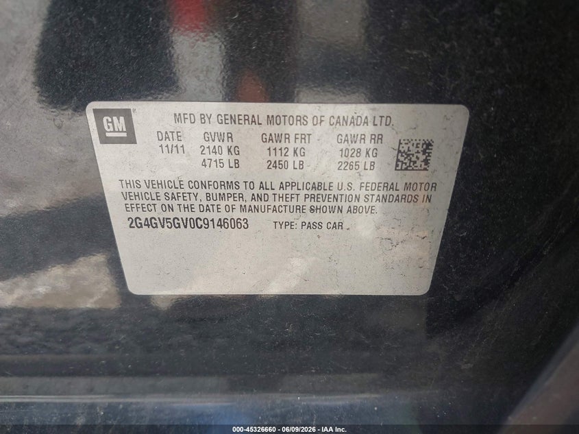 2012 Buick Regal Gs VIN: 2G4GV5GV0C9146063 Lot: 45326660