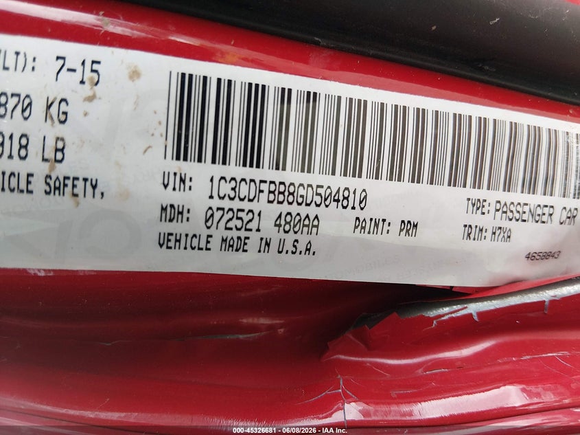 2016 Dodge Dart Sxt VIN: 1C3CDFBB8GD504810 Lot: 45326681