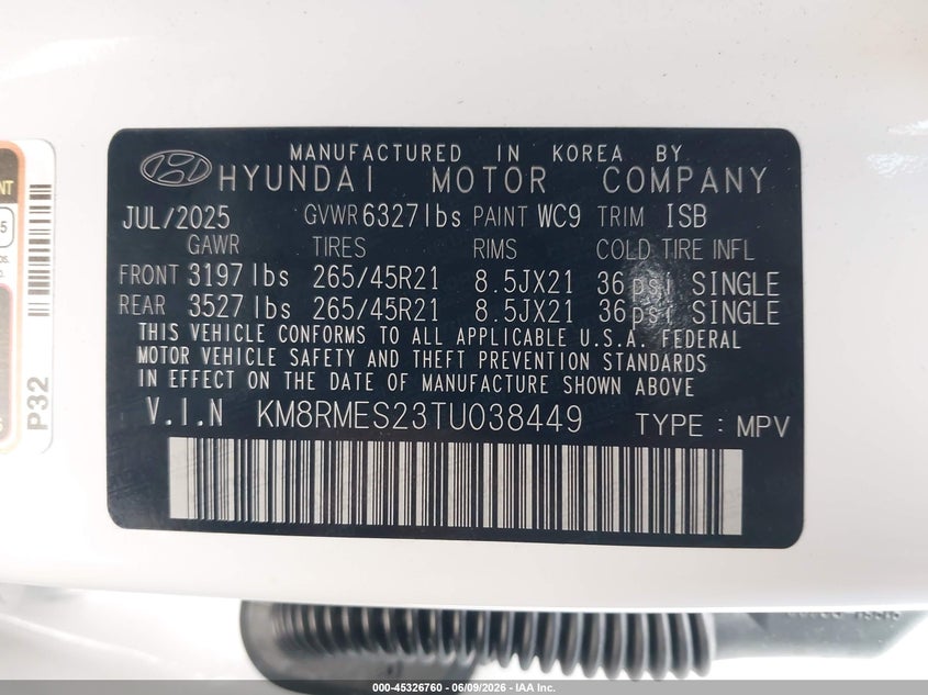 2026 HYUNDAI PALISADE 3.5L V-6 DI, DOHC, V(VIN: KM8RMES23TU038449