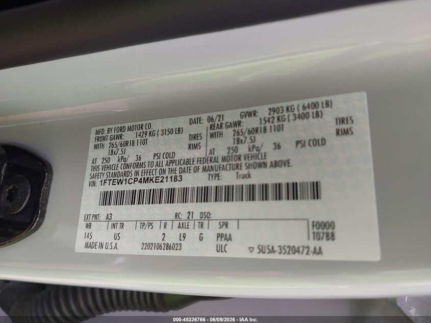 2021 FORD F-150 2.7L V-6 DI, DOHC, V(VIN: 1FTEW1CP4MKE21183