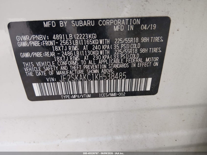 2019 Subaru Forester Sport VIN: JF2SKAKC1KH538485 Lot: 45326767