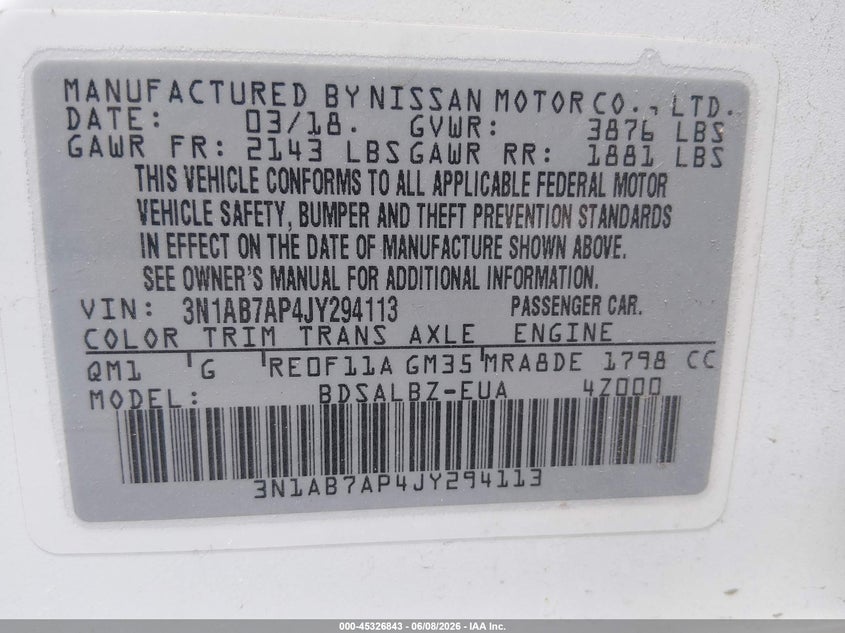 VIN 3N1AB7AP4JY294113 2018 NISSAN SENTRA S
