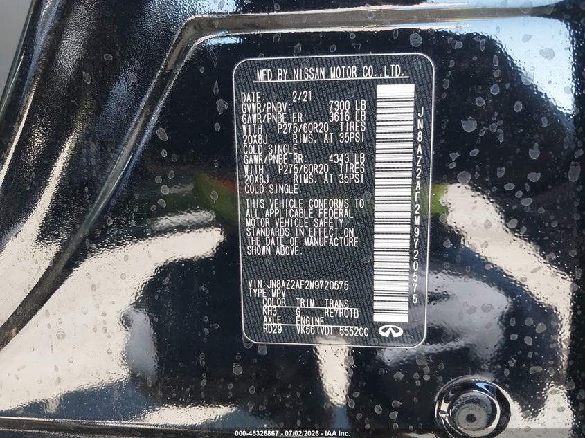 2021 Infiniti Qx80 Luxe VIN: JN8AZ2AF2M9720575 Lot: 45326867