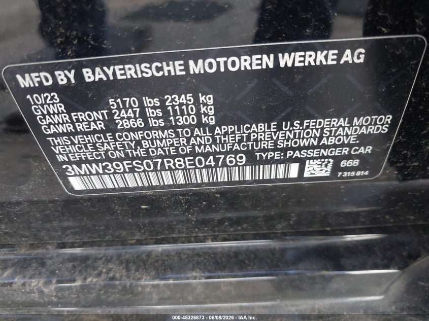 2024 BMW 330E 2.0L I-4 DI, DOHC, V(VIN: 3MW39FS07R8E04769
