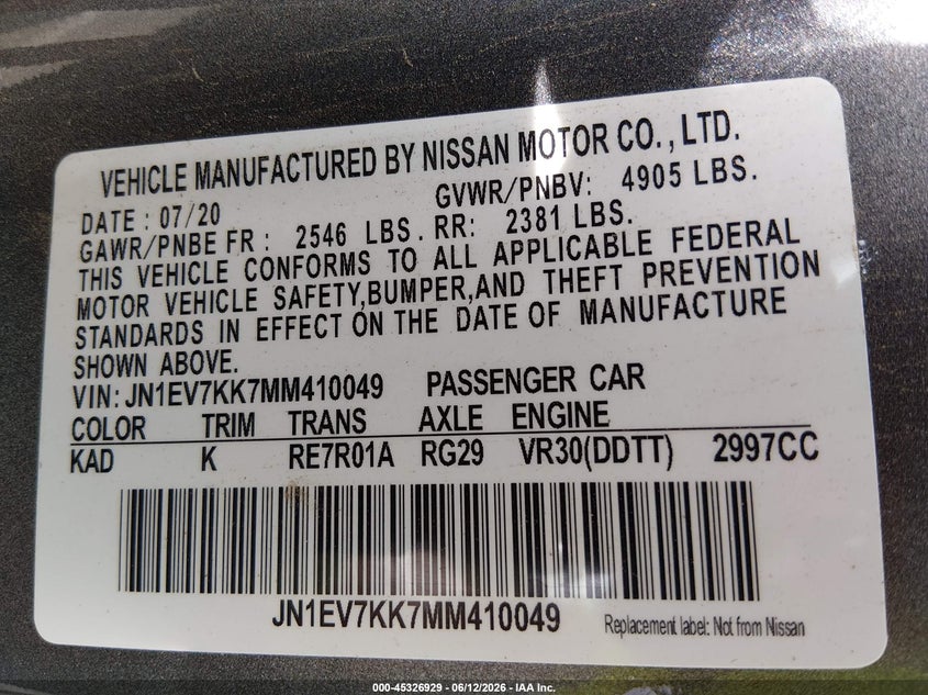 2021 Infiniti Q60 Luxe VIN: JN1EV7KK7MM410049 Lot: 45326929