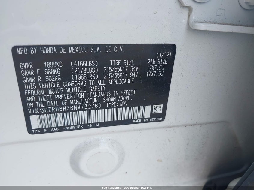 2022 HONDA HR-V 1.8L I-4 VVT, 141HP(VIN: 3CZRU6H36NM732760