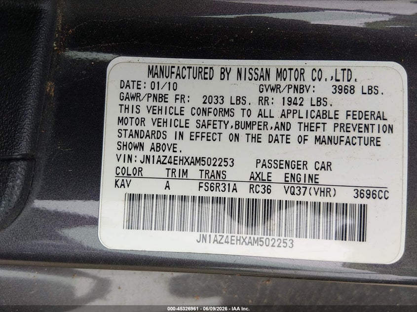 2010 Nissan 370Z Touring VIN: JN1AZ4EHXAM502253 Lot: 45326961