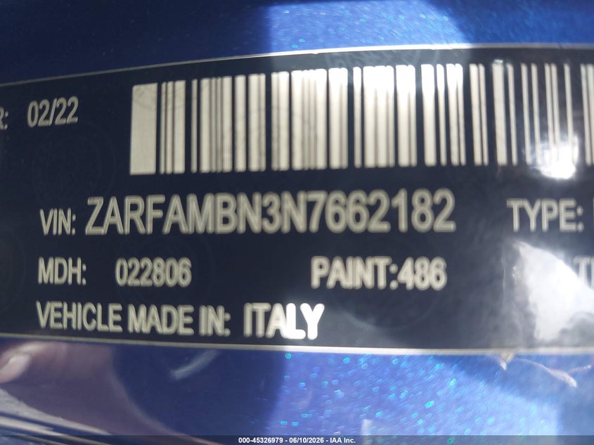 2022 ALFA ROMEO GIULIA 2.0L I-4 DI, VVT, TU(VIN: ZARFAMBN3N7662182