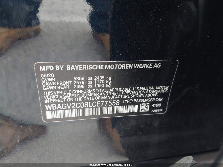 2020 BMW 840I Gran Coupe VIN: WBAGV2C08LCE77558 Lot: 45327076