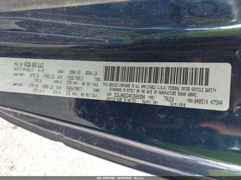 RAM 1500 CLASSIC 2019 VIN 3C6JR6DG4KG569394