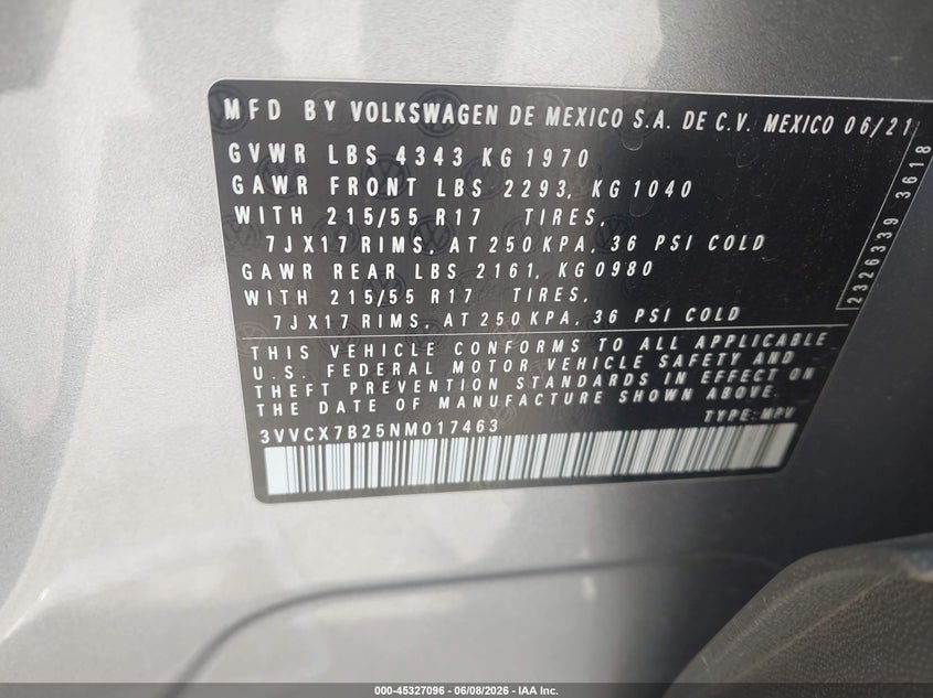 2022 VOLKSWAGEN TAOS 1.5L I-4 DI, DOHC, V(VIN: 3VVCX7B25NM017463