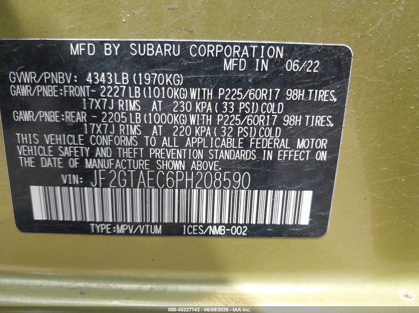2023 Subaru Crosstrek Premium VIN: JF2GTAEC6PH208590 Lot: 45327143